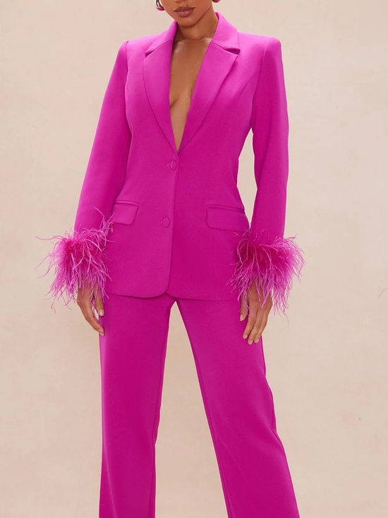 Fashion Nova Pants - Fashion Nova Hot Pink Feather-Cuff Suit Jacket & Trousers